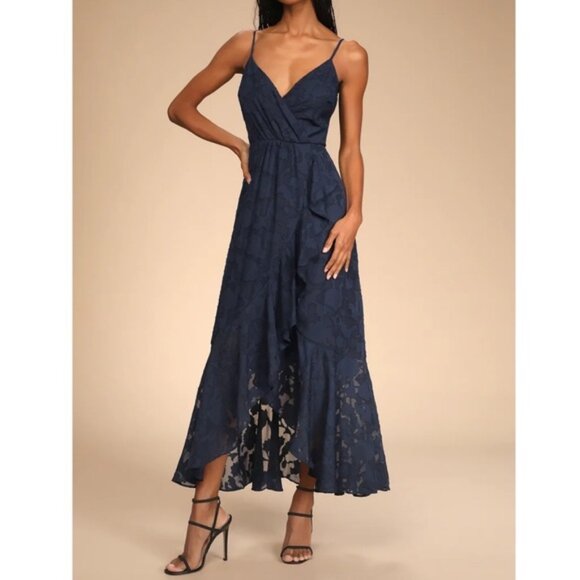 Lulus Dresses & Skirts - Lulus Near Your Heart Navy Blue Floral Burnout High Low Ruffle Midi Dress Size S